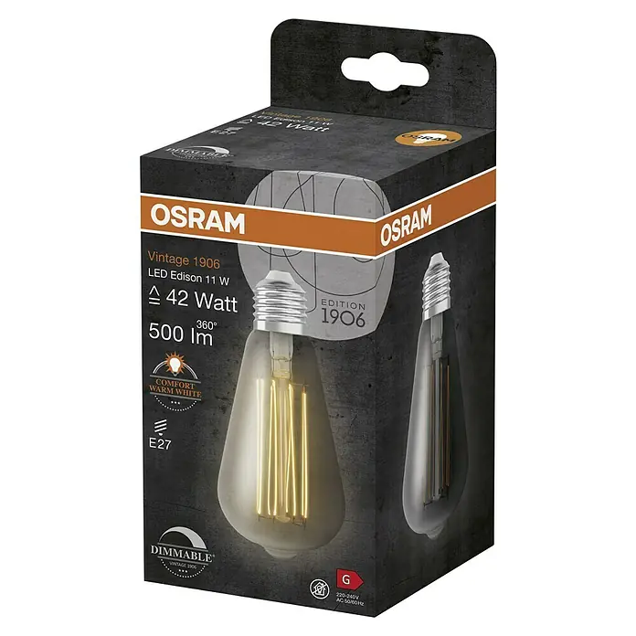 Osram LED-Lampe Vintage Edition 1906 Birnenform E27 - E27, Dimmbar, Warmweiß, 500 lm, 11 W, Smoke - Eine Osram Vintage 1906 LED Edison Lampe mit 11 W, die ein warmweißes Licht abgibt, verpackt in einem Karton mit Produktinformationen.