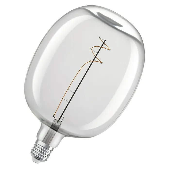 Osram LED-Lampe Vintage Edition 1906 Globe-Form E27 - E27, Dimmbar, Warmweiß, 400 lm, 4,8 W, Farbe: Klar - Nahaufnahme einer dekorativen klaren Glühbirne mit einem eleganten Filament, das in einem schlanken Design in Szene gesetzt wird.