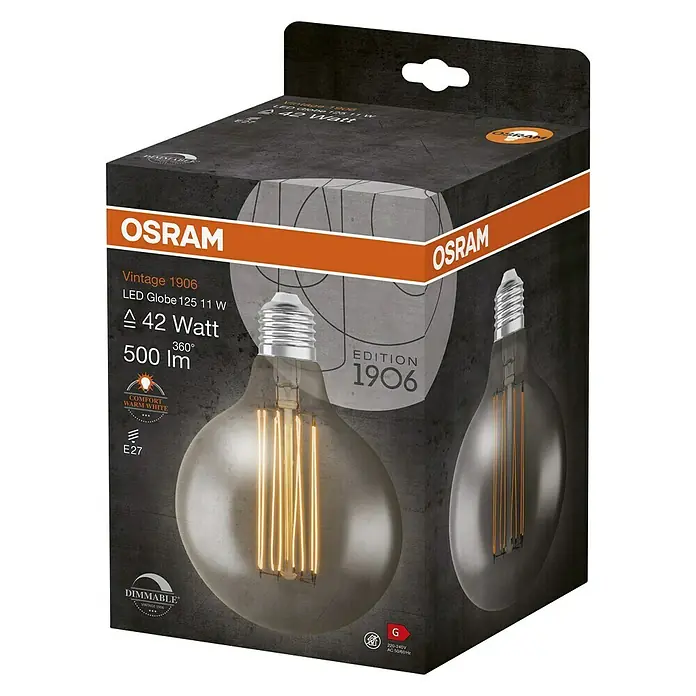 Osram LED-Lampe Vintage Edition 1906 Globe-Form 125 E27 - E27, Dimmbar, Warmweiß, 500 lm, 11 W - Eine Osram Vintage 1906 LED Globe 125 11 W Lampe in einer markanten Verpackung. Ideal für stimmungsvolle Beleuchtung.