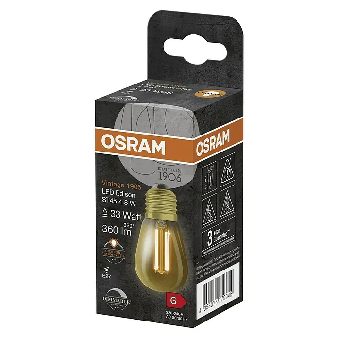 Osram LED-Lampe Vintage Edition 1906 Birnenform E27 - E27, Dimmbar, Warmweiß, 360 lm, 4,8 W, Gold - Produktverpackung einer Osram Vintage 1906 LED Edison ST45 4,8W Lampe, die ein warmweißes Licht ausstrahlt und dimmbar ist.