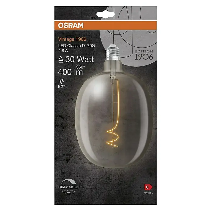 Osram LED-Lampe Vintage Edition 1906 Globe-Form E27 - E27, Dimmbar, Warmweiß, 400 lm, 4,8 W, Farbe: Klar - Nahaufnahme der Verpackung einer Vintage 1906 OSRAM LED Classic D170G Glühbirne, die ein warmes, dimmbares Licht verspricht.