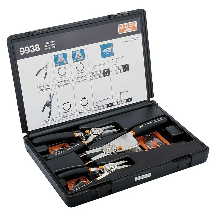 Bahco Zangen-Set 9938 - 14 -tlg. - Das Bild zeigt ein Bahco 9938 Sprengringzangen-Set in einem schwarzen Kunststoffkoffer mit verschiedenen Zangen und Einsätzen.