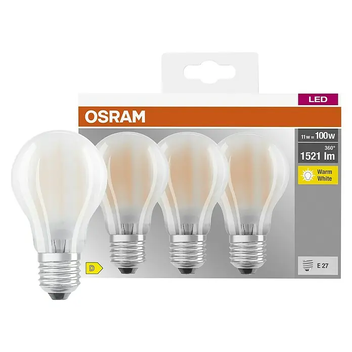 Osram LED-Lampen Set Glühlampenform E27 matt - E27, Nicht Dimmbar, Warmweiß, 1.521 lm, 11 W, Matt - Ein Viererpack Osram LED-Glühbirnen, mattiert, mit E27-Sockel, energiesparend und langlebig für warmweißes Licht in Ihrem Zuhause.