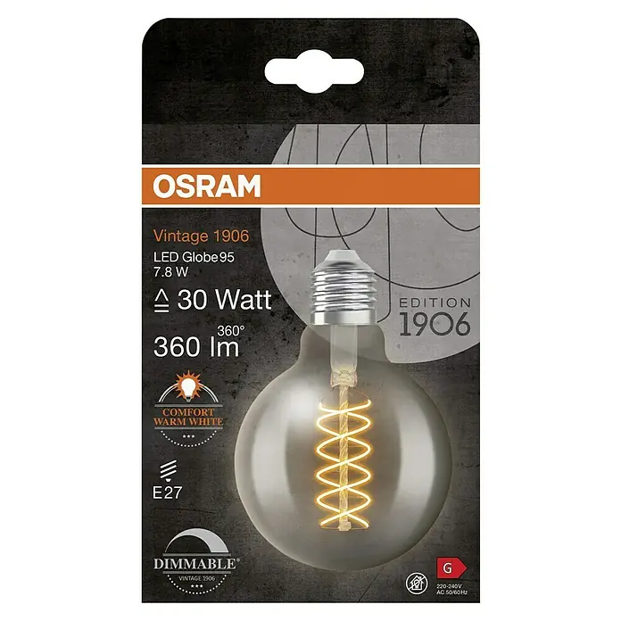 Osram LED-Lampe Vintage Edition 1906 Globe-Form E27 - Durchmesser: 9,5 cm, E27, Dimmbar, Warmweiß, 360 lm, 7,8 W - Osram Vintage 1906 LED Globe 95 Lampe mit 7.8W, 30 Watt Äquivalent und warmweißem Licht für eine gemütliche Atmosphäre.