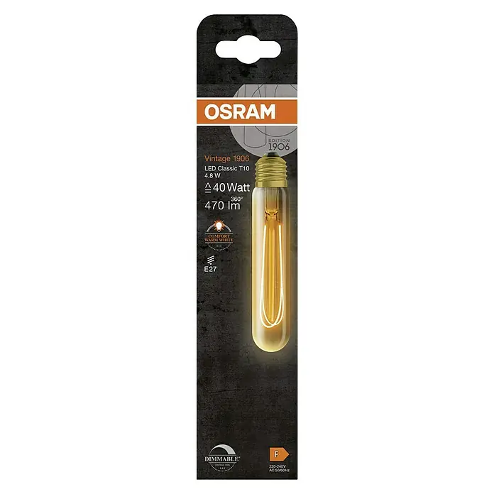 Osram LED-Lampe Vintage Edition 1906 Globe-Form E27 - E27, Dimmbar, Warmweiß, 470 lm, 4,8 W - Das Produkt ist eine dimmbare OSRAM Vintage 1906 LED Classic T10 Lampe, die mit 4,8 W betrieben wird und ein warmweißes Licht erzeugt.