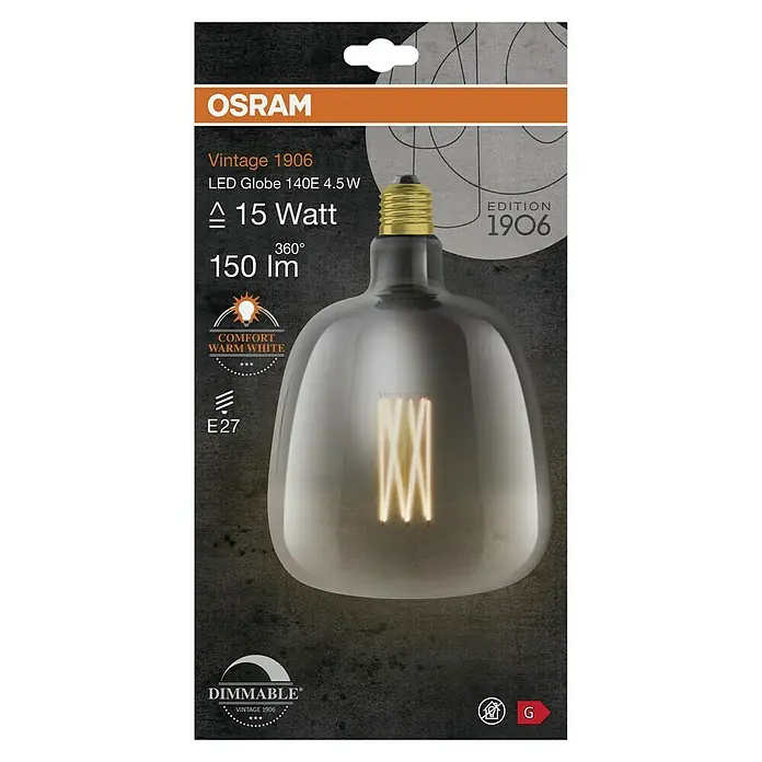 Osram LED-Lampe Vintage Edition 1906 Globe-Form E27 - E27, Dimmbar, Warmweiß, 150 lm, 4,5 W - Nahaufnahme der OSRAM Vintage 1906 LED Globe 140E 4,5 W Lampe, die ein warmes, dimmbares Licht mit 150 Lumen ausstrahlt.