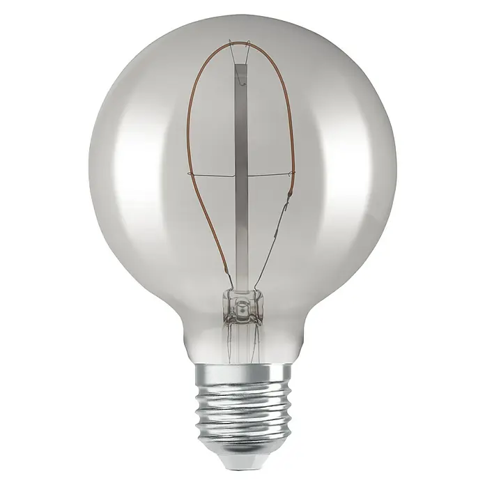 Osram LED-Lampe Vintage Edition 1906 Globe-Form E27 - E27, Nicht Dimmbar, Warmweiß, 100 lm - Nahaufnahme einer dekorativen Edison-Glühbirne mit spiralförmigem Glühfaden und silbernem Sockel auf schwarzem Hintergrund.