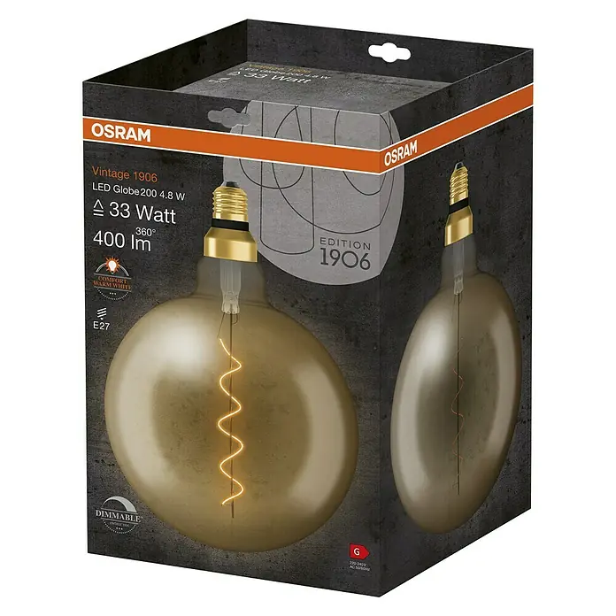 Osram LED-Lampe Vintage Edition 1906 Globe-Form E27 - E27, Dimmbar, Warmweiß, 400 lm, 4,8 W - Nahaufnahme der Osram Vintage 1906 LED Globe 200 4.8 W Lampe in der Verpackung, die ein warmes, dimmbares Licht mit 400 Lumen erzeugt.
