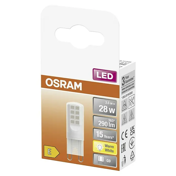 Osram LED-Lampe Pin G9 - G9, Nicht Dimmbar, Warmweiß, 290 lm, 28 W - Das Bild zeigt eine Osram LED Lampe mit G9 Fassung, die ein warmweißes Licht erzeugt und eine Lebensdauer von 15 Jahren hat.