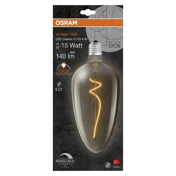 Osram LED-Lampe Vintage Edition 1906 Globe-Form E27 - E27, Dimmbar, Warmweiß, 140 lm, 4 W - Nahaufnahme einer OSRAM Vintage 1906 LED-Lampe, die ein warmes, dimmbares Licht und ein klassisches Design bietet.