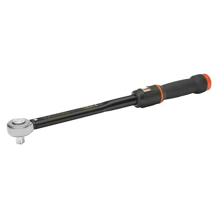 Bahco Drehmomentschlüssel 74WR-100½″, 20 Nm - 100 Nm - Abbildung eines Drehmomentschlüssels von Bahco mit schwarzem Griff und silbernem Kopf für präzises Anziehen von Schrauben.