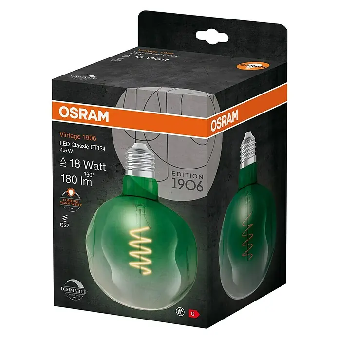 Osram LED-Lampe Vintage Edition 1906 Globe-Form E27 - E27, Dimmbar, Warmweiß, 180 lm, 4,5 W - Nahaufnahme der Verpackung einer Vintage 1906 OSRAM LED-Lampe, die eine grüne Glühbirne mit 4,5 W und 18 Watt zeigt.