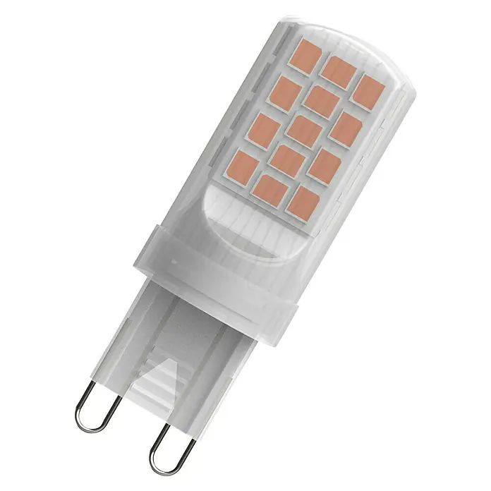 Osram LED-Lampe Pin G9 - G9, Nicht Dimmbar, Warmweiß, 430 lm, 42 W - Nahaufnahme einer G9 LED Lampe. Die LED Lampe ist weiss und hat kleine, orangefarbene LEDs. Sie ist für den Einsatz in G9 Fassungen konzipiert.