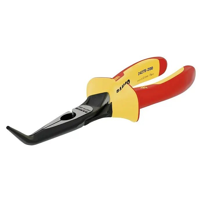 Bahco Flachrundzange 2427 S-200 - Abgewinkelt, Länge Backen: 200 mm - Gebogene Spitzzange Bahco 2427S-200 mit isolierten Griffen für präzise Arbeiten in schwer zugänglichen Bereichen. Für Elektriker geeignet.