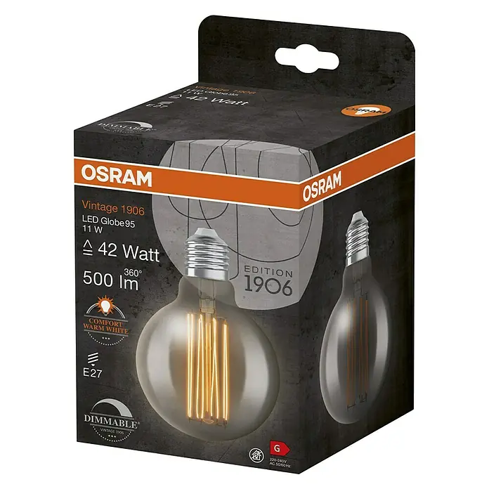 Osram LED-Lampe Vintage Edition 1906 Globe-Form E27 - E27, Dimmbar, Warmweiß, 500 lm, 11 W - Nahaufnahme der Verpackung einer Osram Vintage 1906 LED Globe 95 Lampe mit 42 Watt, warmweißem Licht und E27 Fassung.