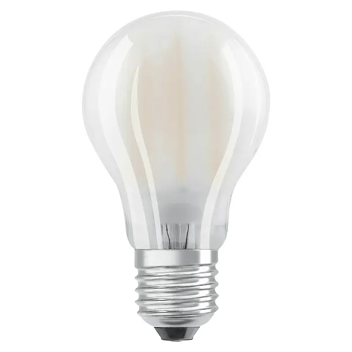 Osram LED-Lampen Set Base Classic - Matt, Nicht Dimmbar, Warmweiß, 806 lm, 7 W, 6 Stk. - Nahaufnahme einer LED-Glühbirne mit mattem Glas, die ein warmes Licht erzeugt und einen energieeffizienten Betrieb verspricht.