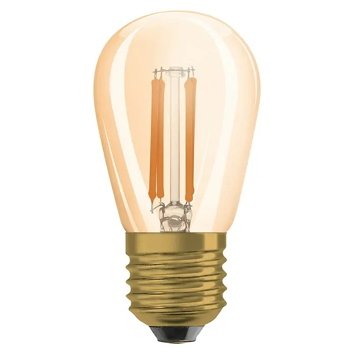 Osram LED-Lampe Vintage Edition 1906 Birnenform E27 - E27, Dimmbar, Warmweiß, 360 lm, 4,8 W, Gold - Nahaufnahme einer warm leuchtenden LED-Glühbirne im Vintage-Stil, ideal für dekorative Beleuchtung und stimmungsvolles Ambiente.