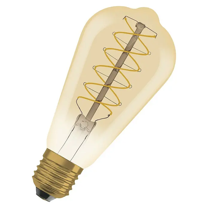 Osram LED-Lampe Vintage Edition 1906 Birnenform E27 - E27, Dimmbar, Warmweiß, 420 lm, 4,8 W, Gold - Nahaufnahme einer Edison-Glühbirne mit spiralförmigem Glühfaden, die ein warmes, goldenes Licht ausstrahlt und für Vintage-Flair sorgt.