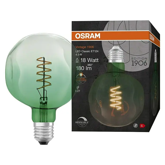 Osram LED-Lampe Vintage Edition 1906 Globe-Form E27 - E27, Dimmbar, Warmweiß, 180 lm, 4,5 W - Osram Vintage 1906 LED-Lampe, Classic ET124, 4.5W, mit 180 Lumen und E27-Sockel. Dimmbar für eine angenehme, warmweiße Beleuchtung.