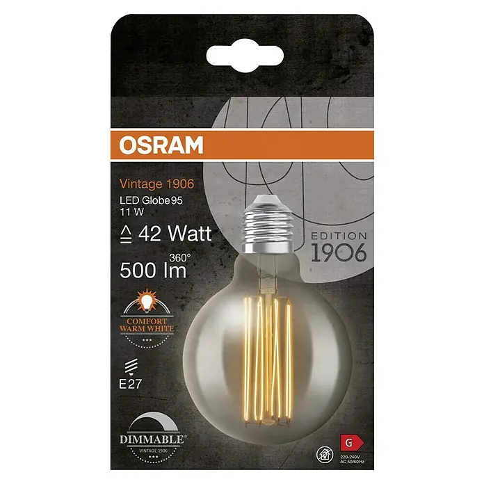 Osram LED-Lampe Vintage Edition 1906 Globe-Form E27 - E27, Dimmbar, Warmweiß, 500 lm, 11 W - Osram Vintage 1906 LED Globe 95 Lampe. Warmweißes Licht, dimmbar und mit E27 Fassung für stimmungsvolle Beleuchtung im Retro-Look.