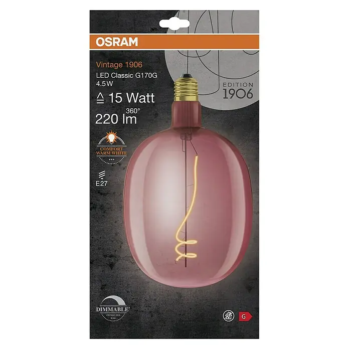Osram LED-Lampe Vintage Edition 1906 Globe-Form E27 - E27, Dimmbar, Warmweiß, 220 lm, 4,5 W, Farbe: Pink - Das Bild zeigt eine Osram Vintage 1906 LED-Lampe Classic G170G mit 4,5W, die ein warmes, dimmbares Licht ausstrahlt und im Retro-Look gehalten ist.