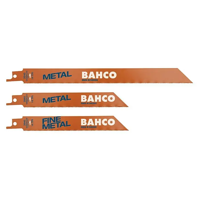 Bahco Säbelsägeblatt-Set 3940 - Metall, 5 -tlg. - Dieses Bild zeigt drei BAHCO Säbelsägeblätter, die sich für Metall eignen, darunter ein Blatt für feines Metall.