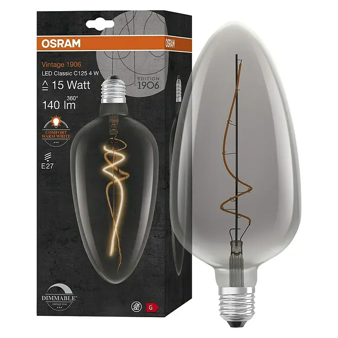 Osram LED-Lampe Vintage Edition 1906 Globe-Form E27 - E27, Dimmbar, Warmweiß, 140 lm, 4 W - Nahaufnahme einer Osram Vintage 1906 LED-Glühbirne C125 4W, die eine nostalgische Note mit moderner LED-Technologie verbindet.