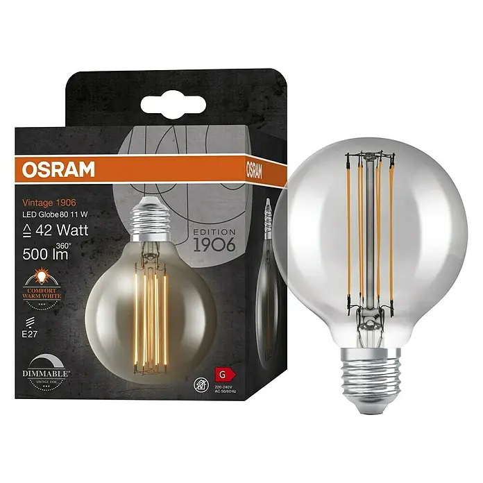 Osram LED-Lampe Vintage Edition 1906 Globe-Form 80 E27 - E27, Dimmbar, Warmweiß, 500 lm, 11 W - Abbildung einer OSRAM Vintage 1906 LED-Lampe, die warmweißes Licht spendet und dimmbar ist.