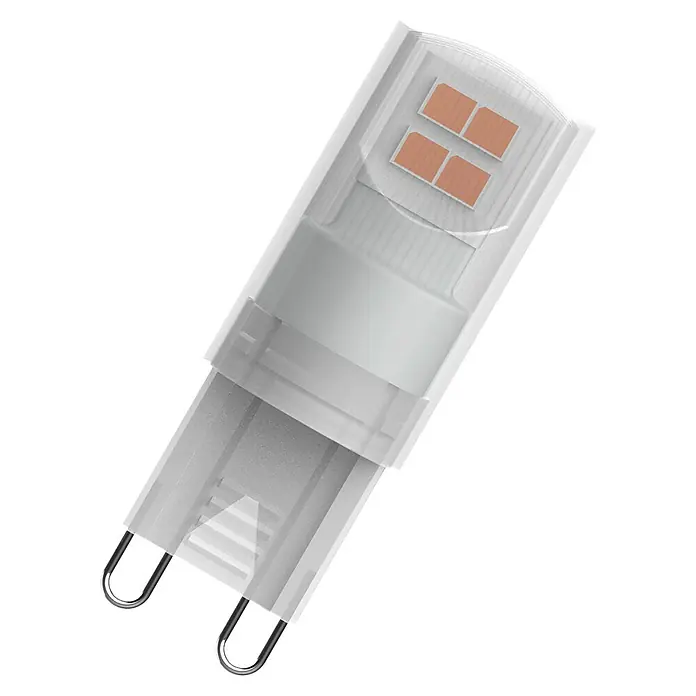 Osram LED-Lampe Pin G9 - G9, Nicht Dimmbar, Warmweiß, 180 lm, 19 W - Nahaufnahme einer G9 LED-Lampe, die energiesparende Beleuchtung mit ihrem kompakten Design und effizienten LEDs bietet.