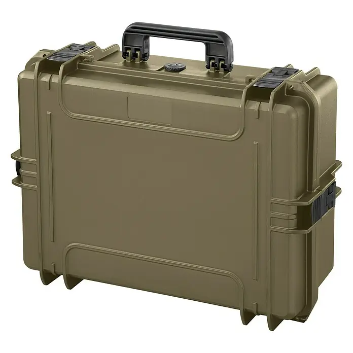 Wasserdichter Koffer MAX505 - L x B x H: 555 x 428 x 211 mm, Kunststoff, Mit Würfelschaumstoffeinlage, Sahara - Olivegrüner Hartschalenkoffer mit schwarzem Griff und robusten Verschlüssen, ideal für den sicheren Transport empfindlicher Gegenstände.