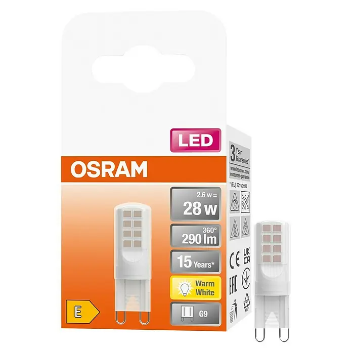 Osram LED-Lampe Pin G9 - G9, Nicht Dimmbar, Warmweiß, 290 lm, 28 W - Abbildung einer OSRAM LED Lampe mit Produktdetails, wie Leistung, Lumen und Lebensdauer, verpackt in einer Verkaufsverpackung.
