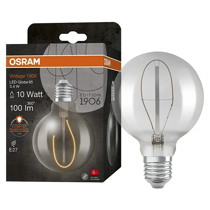 Osram LED-Lampe Vintage Edition 1906 Globe-Form E27 - E27, Nicht Dimmbar, Warmweiß, 100 lm - Osram Vintage 1906 LED-Globuslampe, die warmes, komfortables Licht bietet.