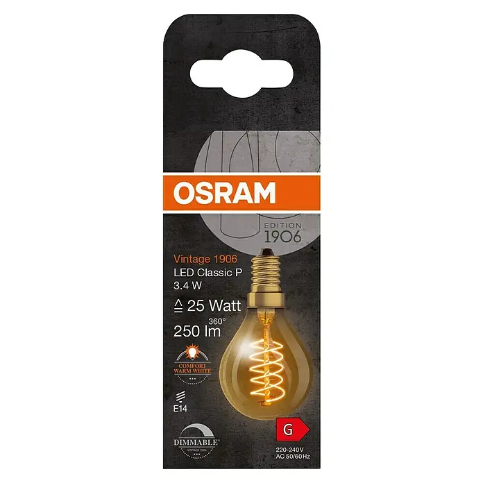 Osram LED-Lampe Vintage Edition 1906 Birnenform E14 - E14, Dimmbar, Warmweiß, 250 lm, 34 W - Produktverpackung einer Osram Vintage 1906 LED Classic P 3.4W Lampe, die ein warmweißes Licht mit 250 Lumen ausstrahlt und dimmbar ist.