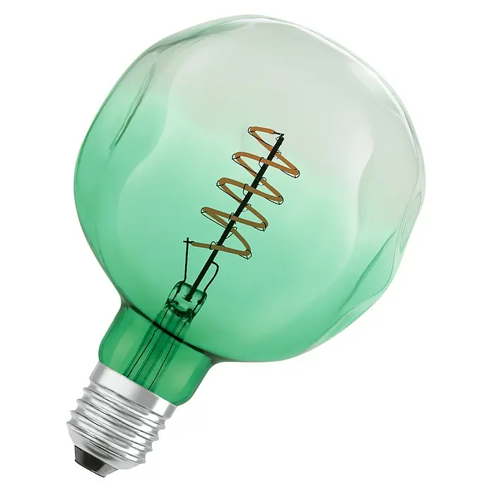 Osram LED-Lampe Vintage Edition 1906 Globe-Form E27 - E27, Dimmbar, Warmweiß, 180 lm, 4,5 W - Grüne LED-Lampe mit spiralförmigem Glühfaden. Die Lampe hat einen silbernen Sockel und ist vor einem schwarzen Hintergrund abgebildet.