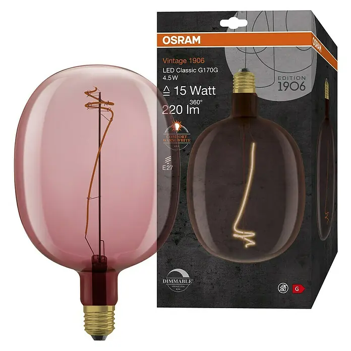 Osram LED-Lampe Vintage Edition 1906 Globe-Form E27 - E27, Dimmbar, Warmweiß, 220 lm, 4,5 W, Farbe: Pink - Eine Osram Vintage 1906 LED-Lampe G170G mit 4,5W, die ein warmweißes Licht von 220 Lumen ausstrahlt, abgebildet mit ihrer Verpackung.