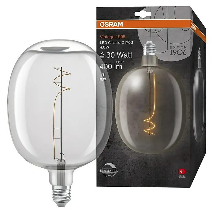 Osram LED-Lampe Vintage Edition 1906 Globe-Form E27 - E27, Dimmbar, Warmweiß, 400 lm, 4,8 W, Farbe: Klar - Nahaufnahme einer Osram Vintage 1906 LED-Lampe, die ihr warmes Licht und einzigartiges Design hervorhebt.