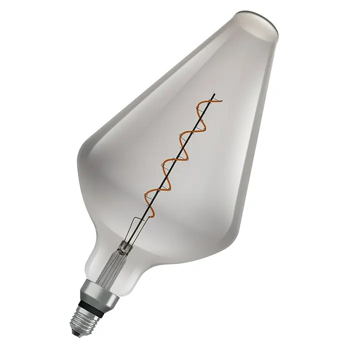 Osram LED-Lampe Vintage Edition 1906 Glühlampenform E27 - E27, Dimmbar, Warmweiß, 140 lm, 4 W - Nahaufnahme einer großen dekorativen Edison-Glühbirne mit spiralförmigem Glühfaden. Die Glühbirne hat eine ungewöhnliche, elegante Form.