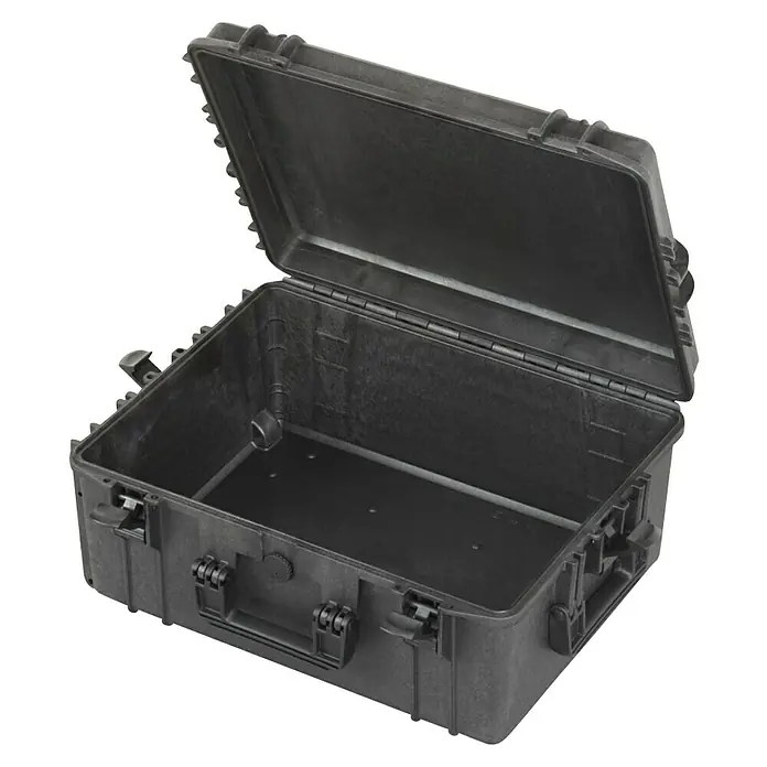 Wasserdichter Koffer MAX540 - L x B x H: 594 x 473 x 270 mm, Ohne Schaumstoffeinlage, Schwarz, Kunststoff - Geöffnete, schwarze Transportbox zur sicheren Aufbewahrung und zum Schutz von Geräten vor Beschädigungen.