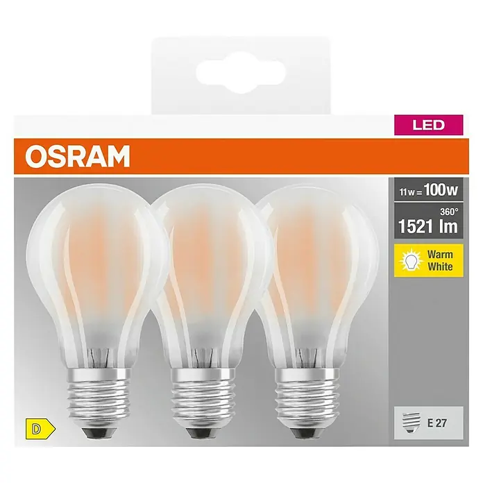 Osram LED-Lampen Set Glühlampenform E27 matt - E27, Nicht Dimmbar, Warmweiß, 1.521 lm, 11 W, Matt - Osram LED-Glühbirnen-Packung mit drei warmweißen Glühbirnen, 11W entspricht 100W, 1521 Lumen, E27-Sockel.