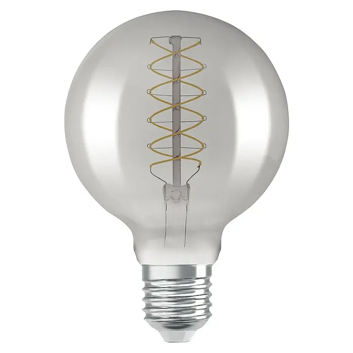 Osram LED-Lampe Vintage Edition 1906 Globe-Form E27 - Durchmesser: 9,5 cm, E27, Dimmbar, Warmweiß, 360 lm, 7,8 W - Nahaufnahme einer dekorativen Globe-Glühbirne mit einem spiralförmigen Filament, das ein warmes, einladendes Licht verspricht.