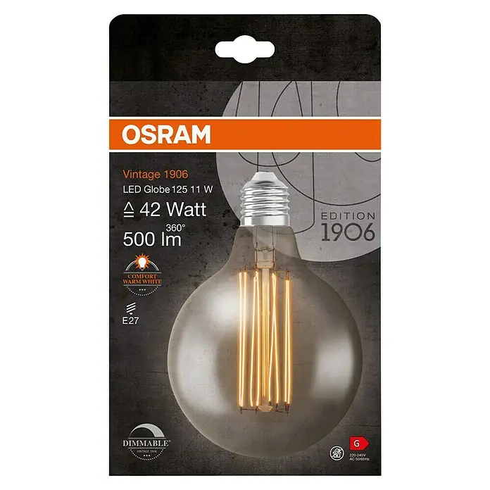 Osram LED-Lampe Vintage Edition 1906 Globe-Form 125 E27 - E27, Dimmbar, Warmweiß, 500 lm, 11 W - Nahaufnahme der Verpackung einer OSRAM Vintage 1906 LED Globe 125 11 W Lampe, die ein warmweißes, dimmbares Licht erzeugt.