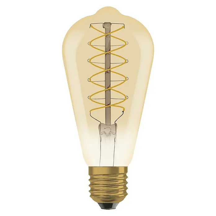 Osram LED-Lampe Vintage Edition 1906 Birnenform E27 - E27, Dimmbar, Warmweiß, 420 lm, 4,8 W, Gold - Eine detaillierte Aufnahme einer Edison-Glühbirne, die ihr warmes, dekoratives Licht und filigrane Glühfäden zeigt.