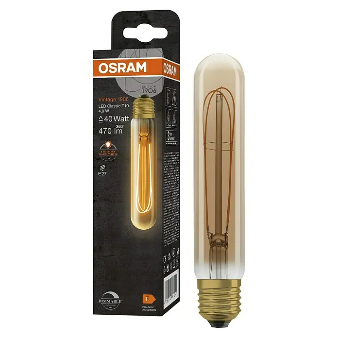 Osram LED-Lampe Vintage Edition 1906 Globe-Form E27 - E27, Dimmbar, Warmweiß, 470 lm, 4,8 W - Ein Osram Vintage 1906 LED Classic T10 Leuchtmittel, 4.8W, mit E27 Sockel und Dimmfunktion, um eine warme, komfortable Atmosphäre zu schaffen.