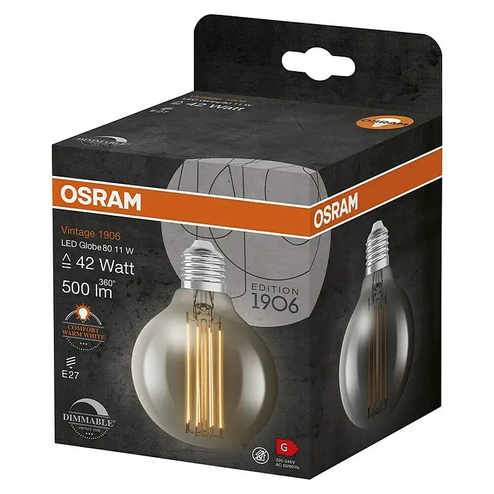 Osram LED-Lampe Vintage Edition 1906 Globe-Form 80 E27 - E27, Dimmbar, Warmweiß, 500 lm, 11 W - Die Verpackung einer OSRAM Vintage 1906 LED Globe 80 11 W Lampe, die 42 Watt verbraucht und 500 Lumen Helligkeit bietet.