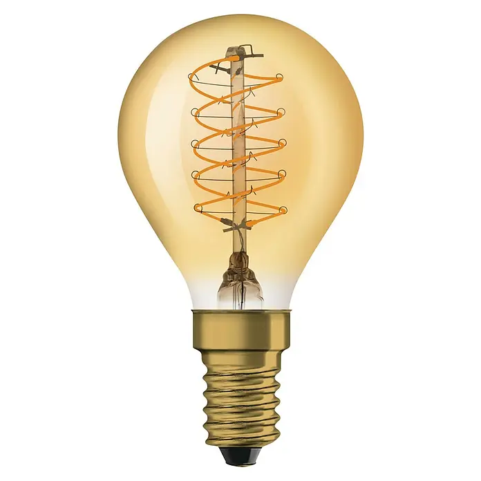 Osram LED-Lampe Vintage Edition 1906 Birnenform E14 - E14, Dimmbar, Warmweiß, 250 lm, 34 W - Nahaufnahme einer goldenen Edison-Glühbirne mit filigranem Glühfaden, die ein warmes, einladendes Licht ausstrahlt.