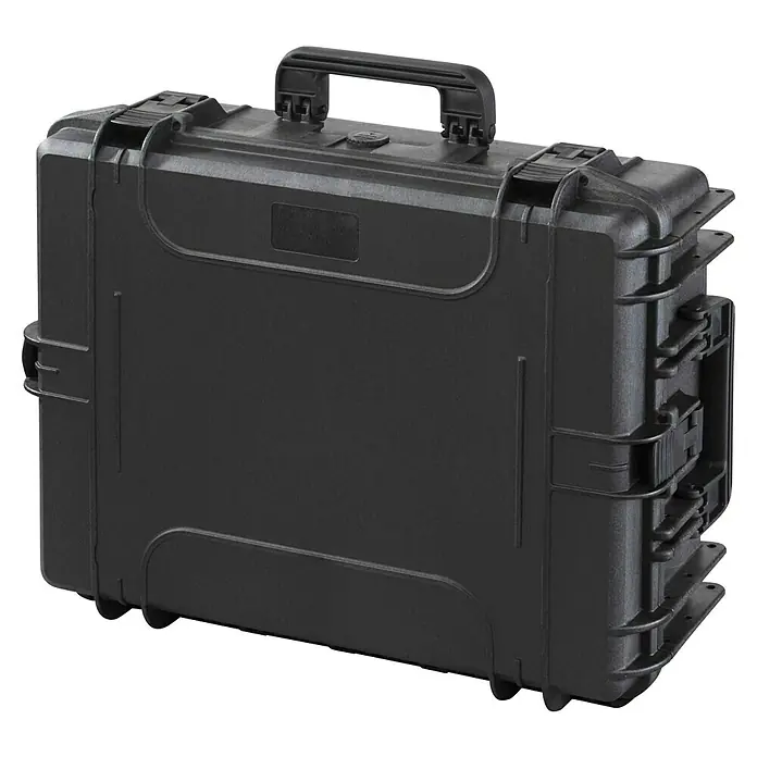 Wasserdichter Koffer MAX540 - L x B x H: 594 x 473 x 215 mm, Mit Würfelschaumstoffeinlage, Schwarz, Kunststoff - Dunkelgrauer Hartschalenkoffer mit Griff und mehreren Verschlüssen, ideal für den sicheren Transport empfindlicher Gegenstände.