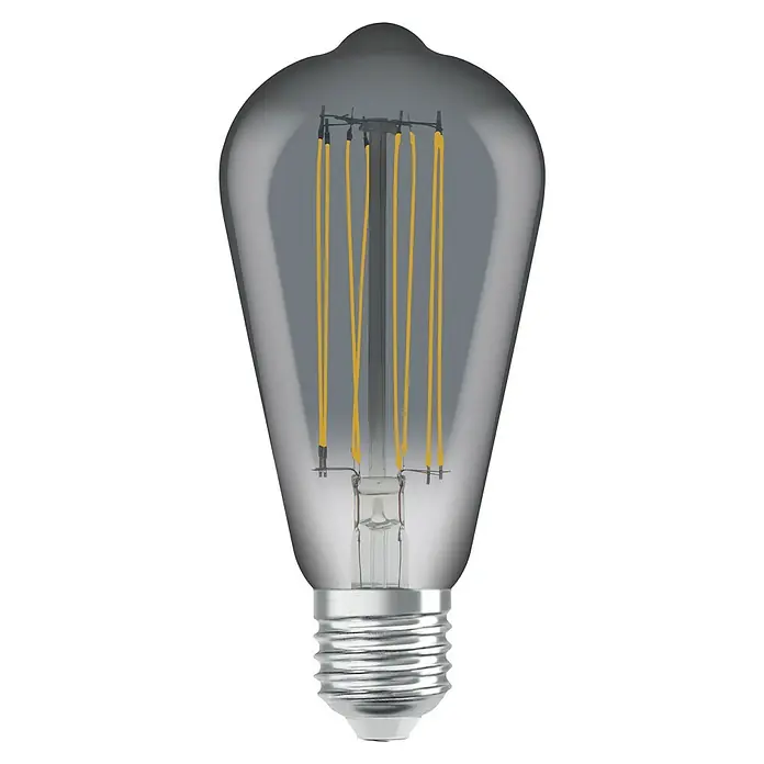 Osram LED-Lampe Vintage Edition 1906 Birnenform E27 - E27, Dimmbar, Warmweiß, 500 lm, 11 W, Smoke - Nahaufnahme einer Vintage-Glühbirne mit Edison-Faden, die ein warmes, einladendes Licht ausstrahlt und eine nostalgische Atmosphäre erzeugt.