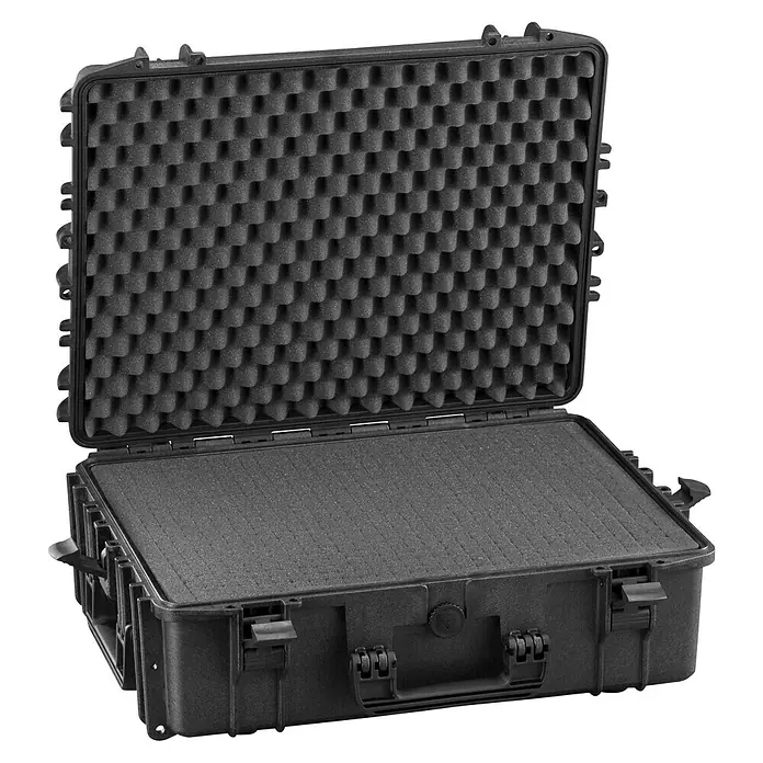 Wasserdichter Koffer MAX540 - L x B x H: 594 x 473 x 215 mm, Mit Würfelschaumstoffeinlage, Schwarz, Kunststoff - Geöffneter schwarzer Hartschalenkoffer mit Würfelschaumeinlage oben und unten, ideal für den sicheren Transport empfindlicher Geräte.