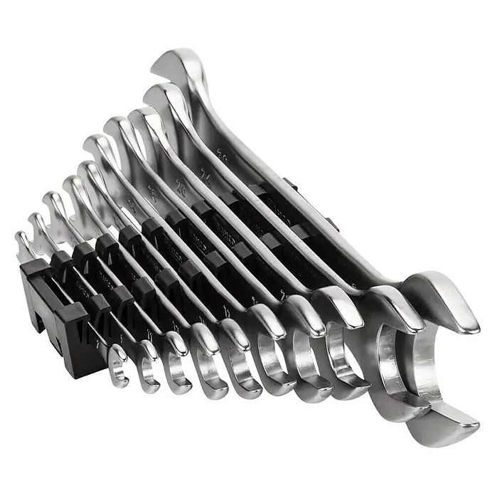 Bahco Doppelmaulschlüssel-Satz 6M /10C - Schlüsselweite: 6 mm - 32 mm - Set glänzender Schraubenschlüssel unterschiedlicher Größen, ordentlich in einem schwarzen Halter angeordnet.