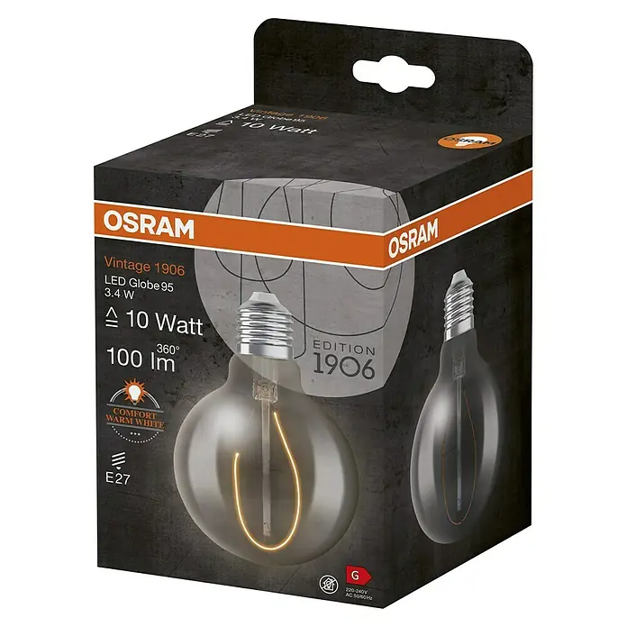Osram LED-Lampe Vintage Edition 1906 Globe-Form E27 - E27, Nicht Dimmbar, Warmweiß, 100 lm - Nahaufnahme der Verpackung einer Osram Vintage 1906 LED Globe 95 Glühbirne mit 3,4 W, die 10 W entspricht und 100 lm leistet.